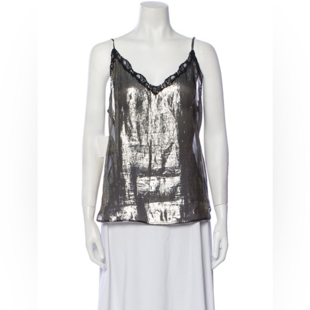 New! Sandro Women’s Lace-Trimmed Metallic Gold Silk Camisole Tank Top Small - Picture 13 of 14
